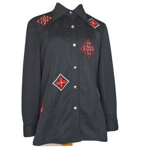 Vintage Womens Large Western Style Shirt Embroidered Black Red Retro Polyester